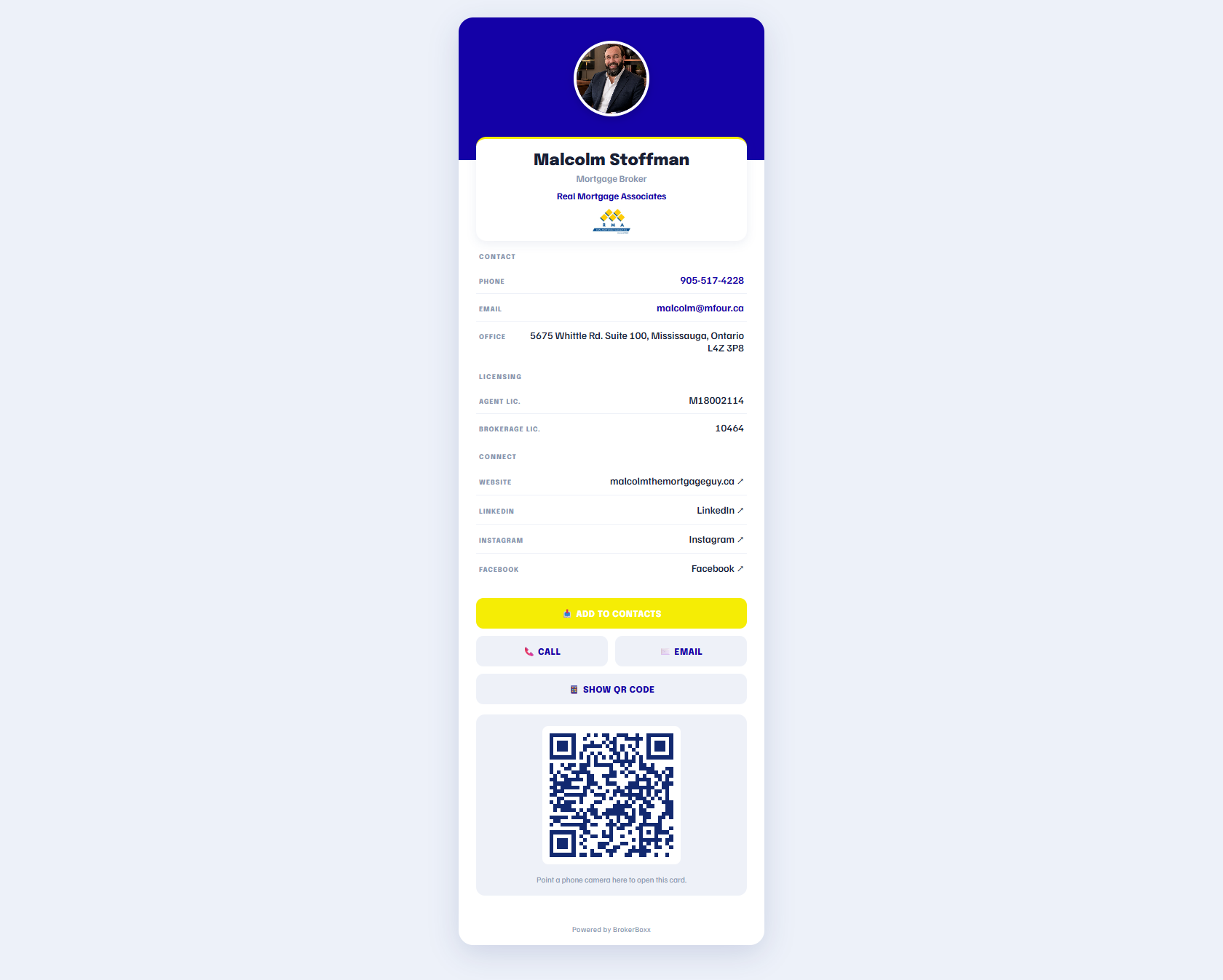 A branded digital business card with QR code, contact details, licensing, and add to contacts button