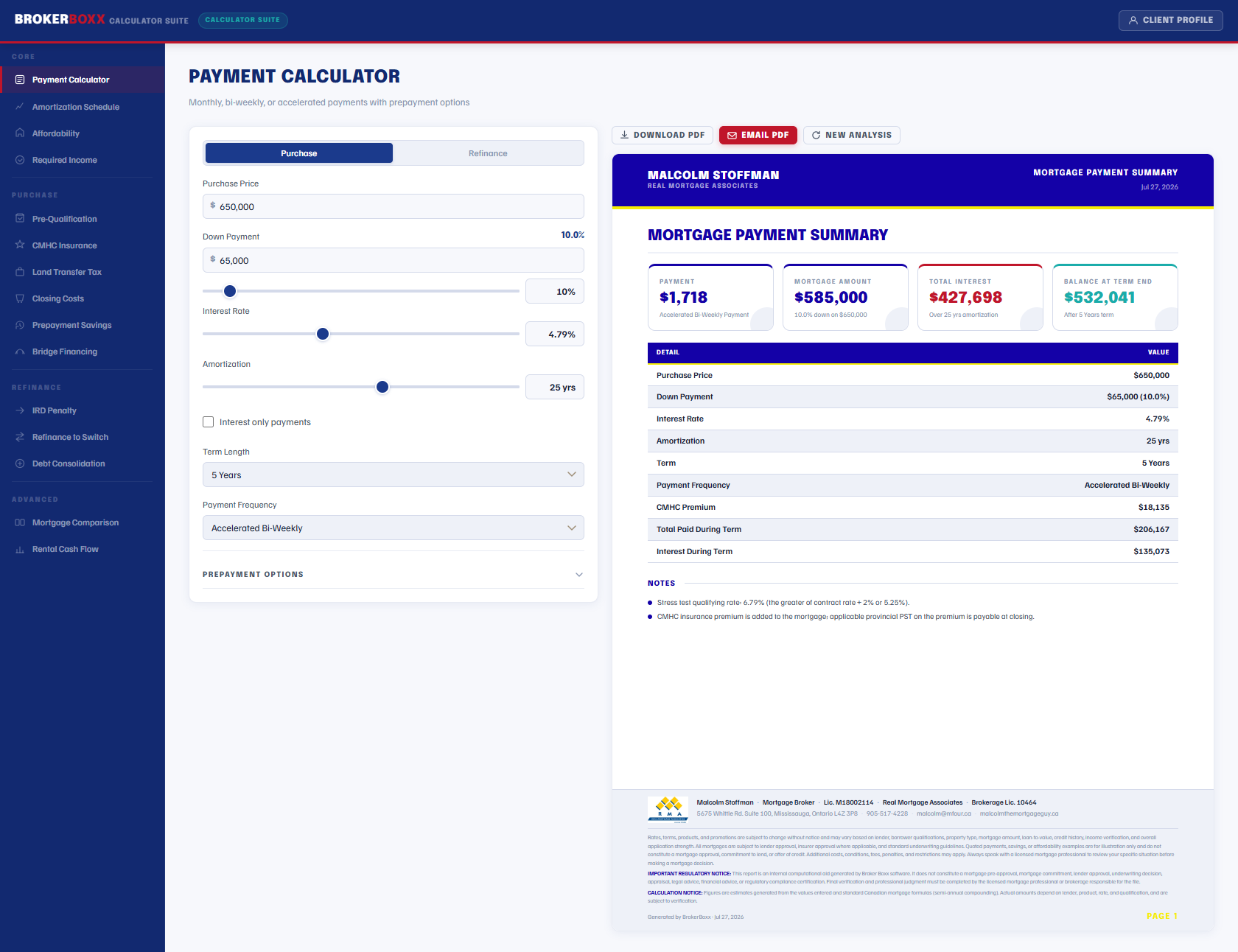 The Payment Calculator with a branded Mortgage Payment Summary report showing Canadian semi-annual compounding and CMHC premium