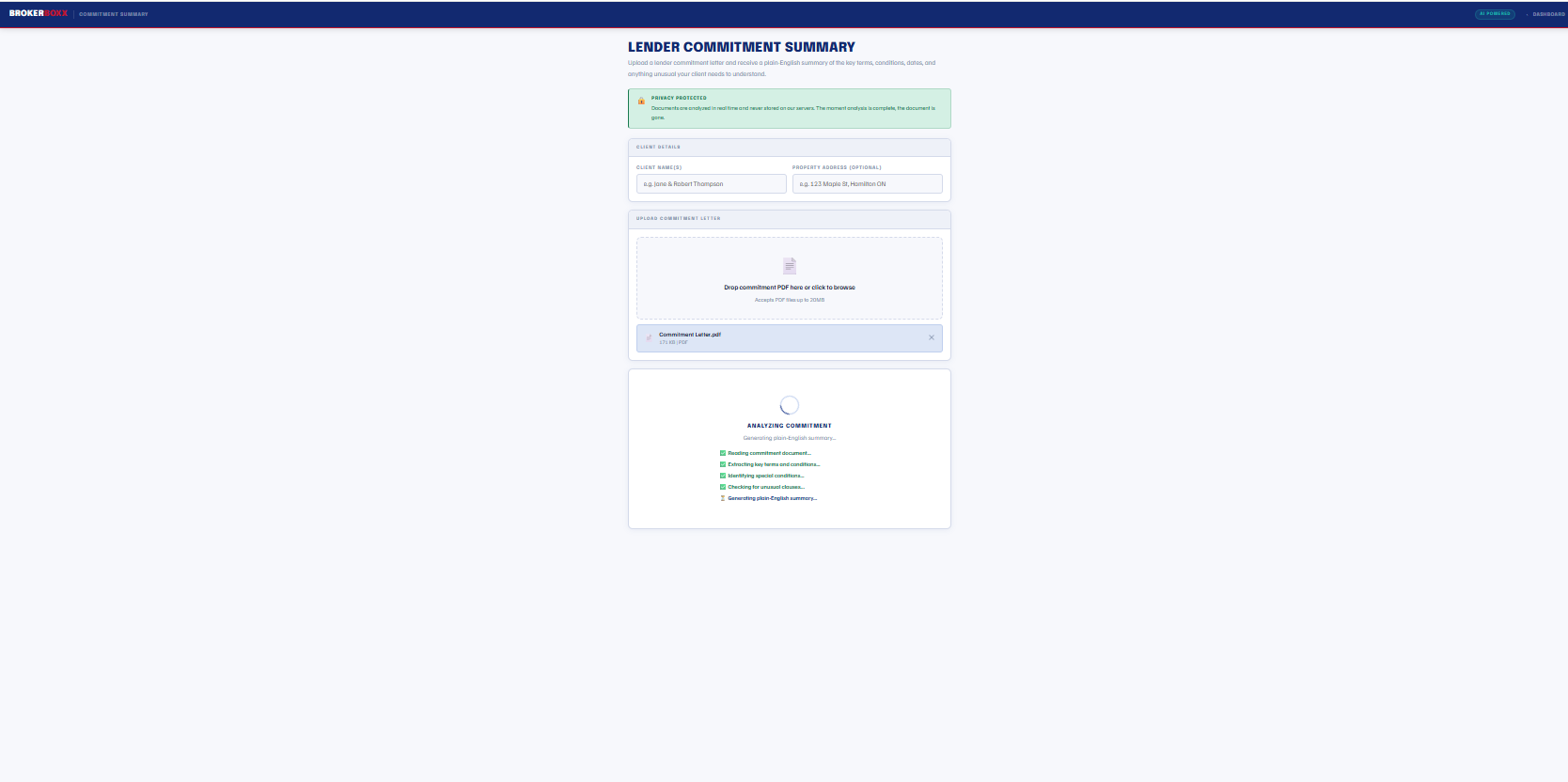 Lender Commitment Summary tool analyzing an uploaded commitment letter and generating a plain-English summary