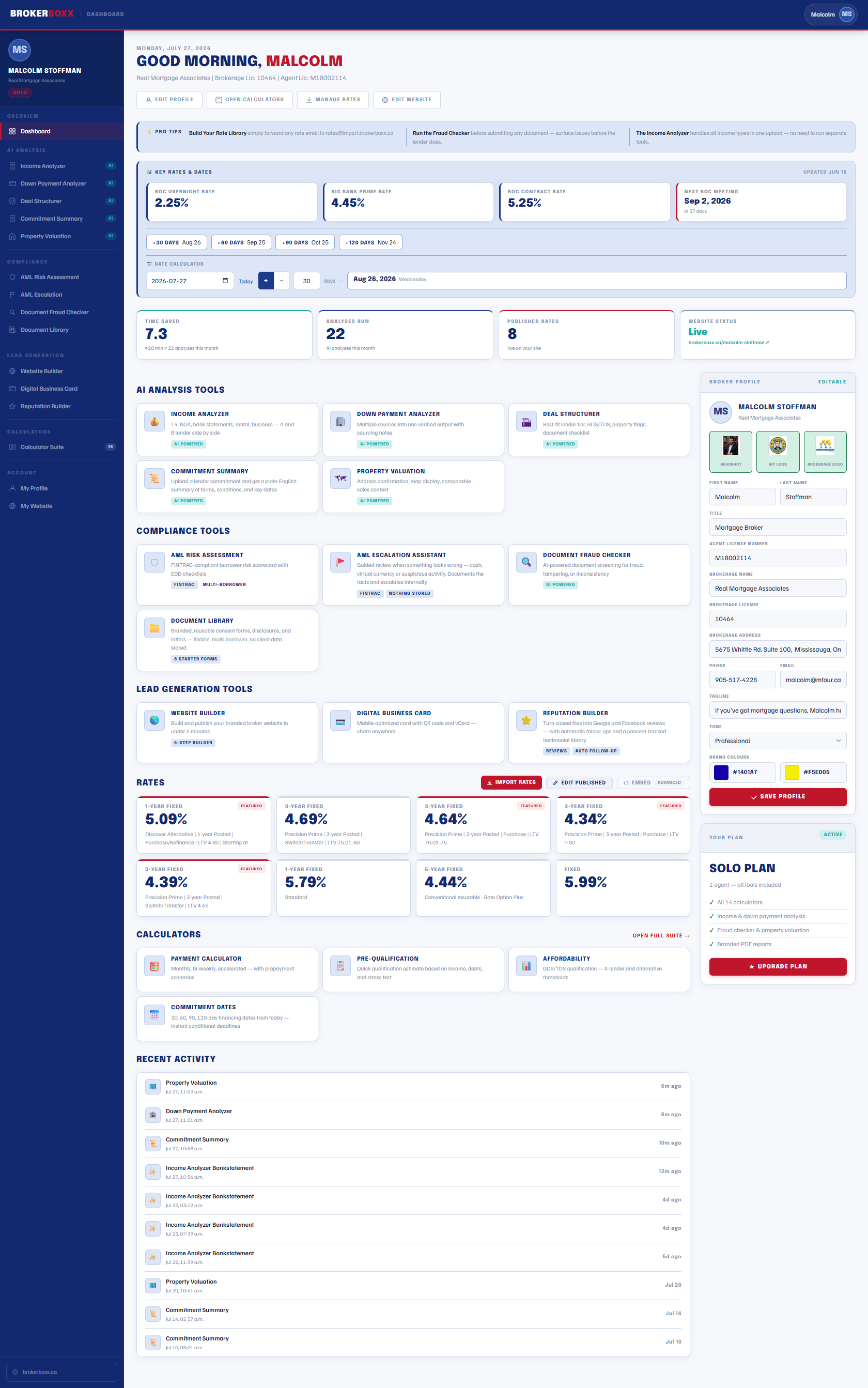 The BrokerBoxx dashboard: AI analysis tools, compliance tools, live rates, calculators, and recent activity in one place