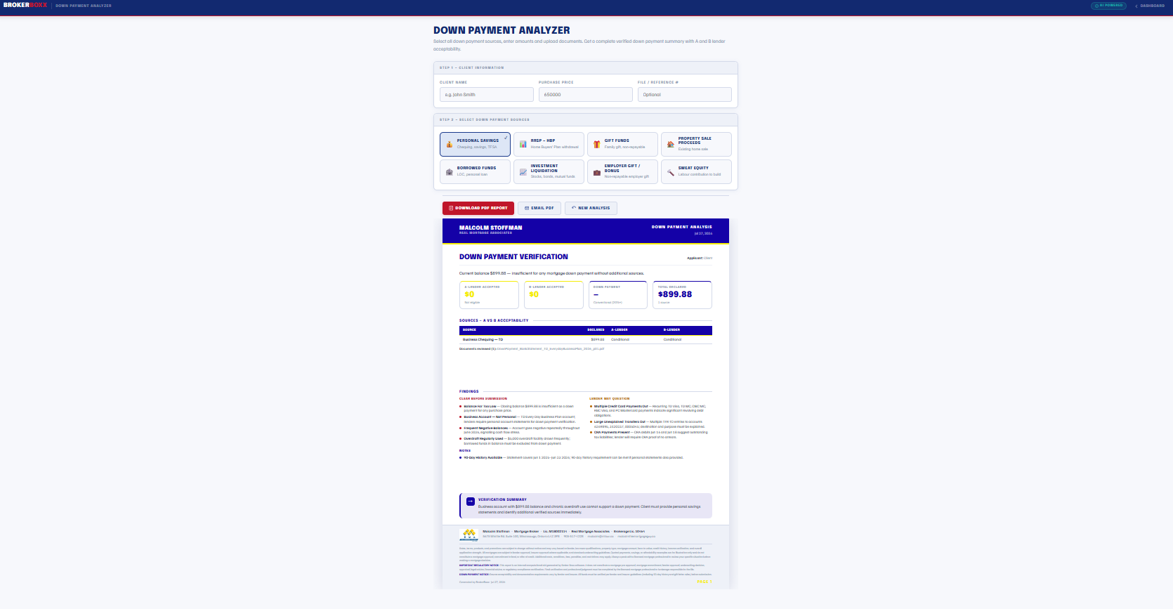 Down Payment Analyzer branded verification report showing source acceptability, findings to clear before submission, and lender questions