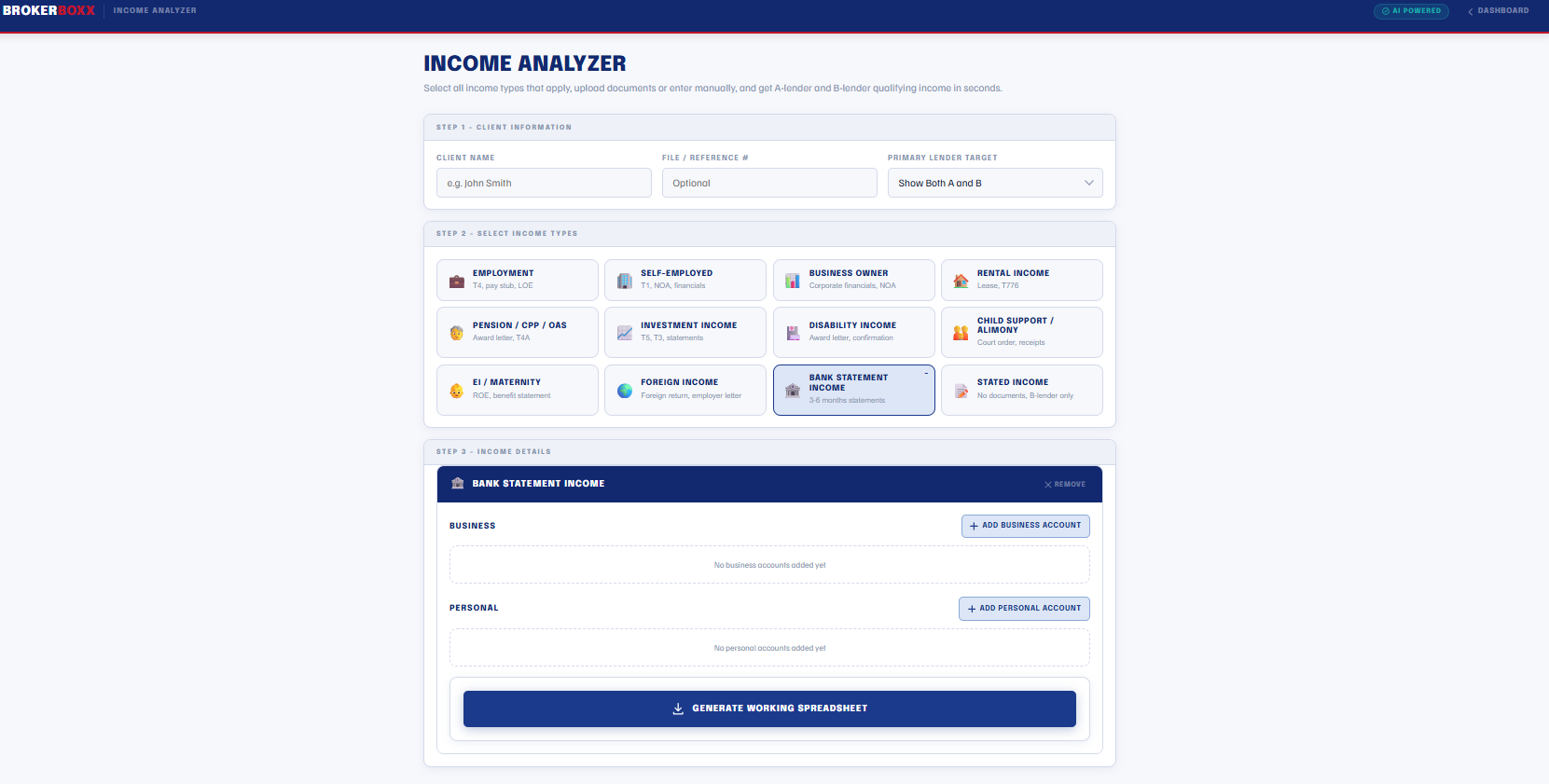 BrokerBoxx tool interface showing the consistent step-by-step workflow shared across analysis tools