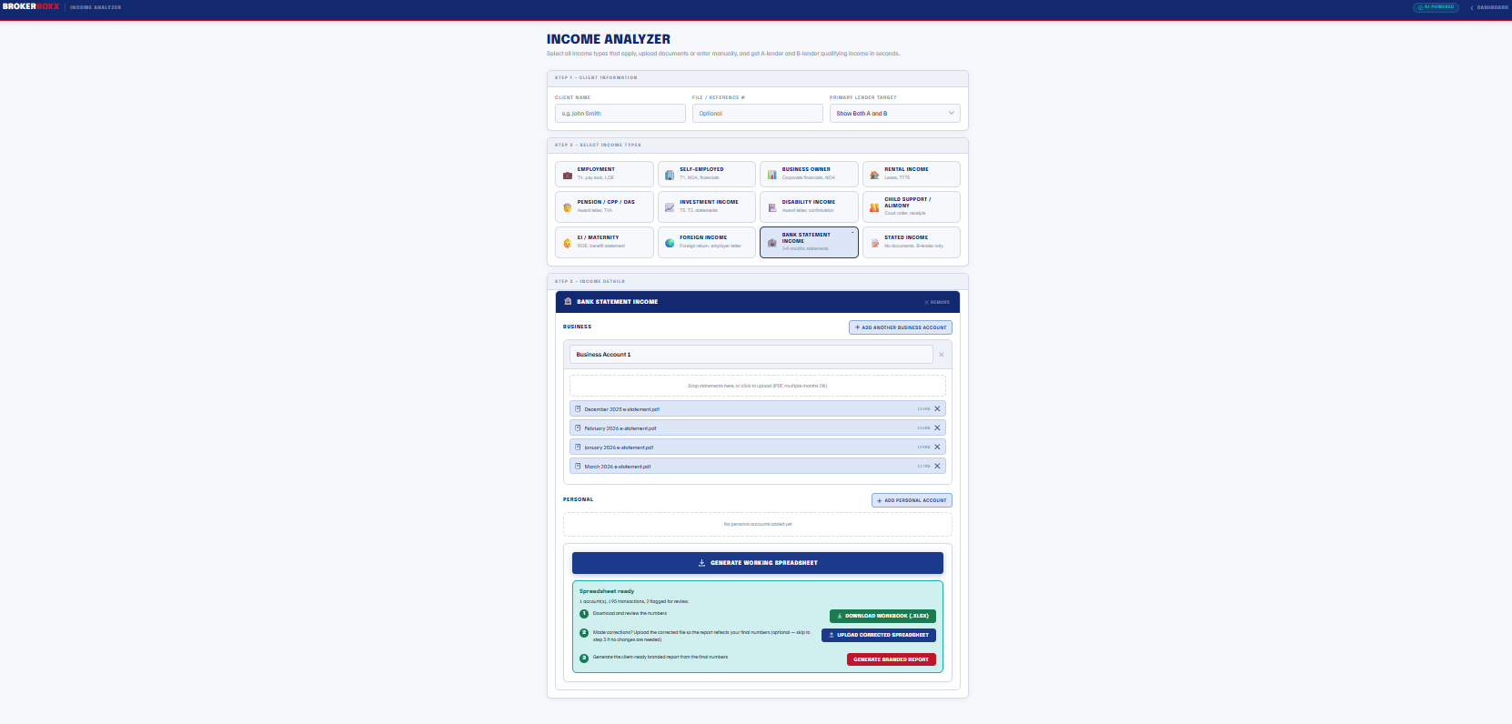 Income Analyzer processing four months of business bank statements with the review workflow: download workbook, upload corrections, generate branded report