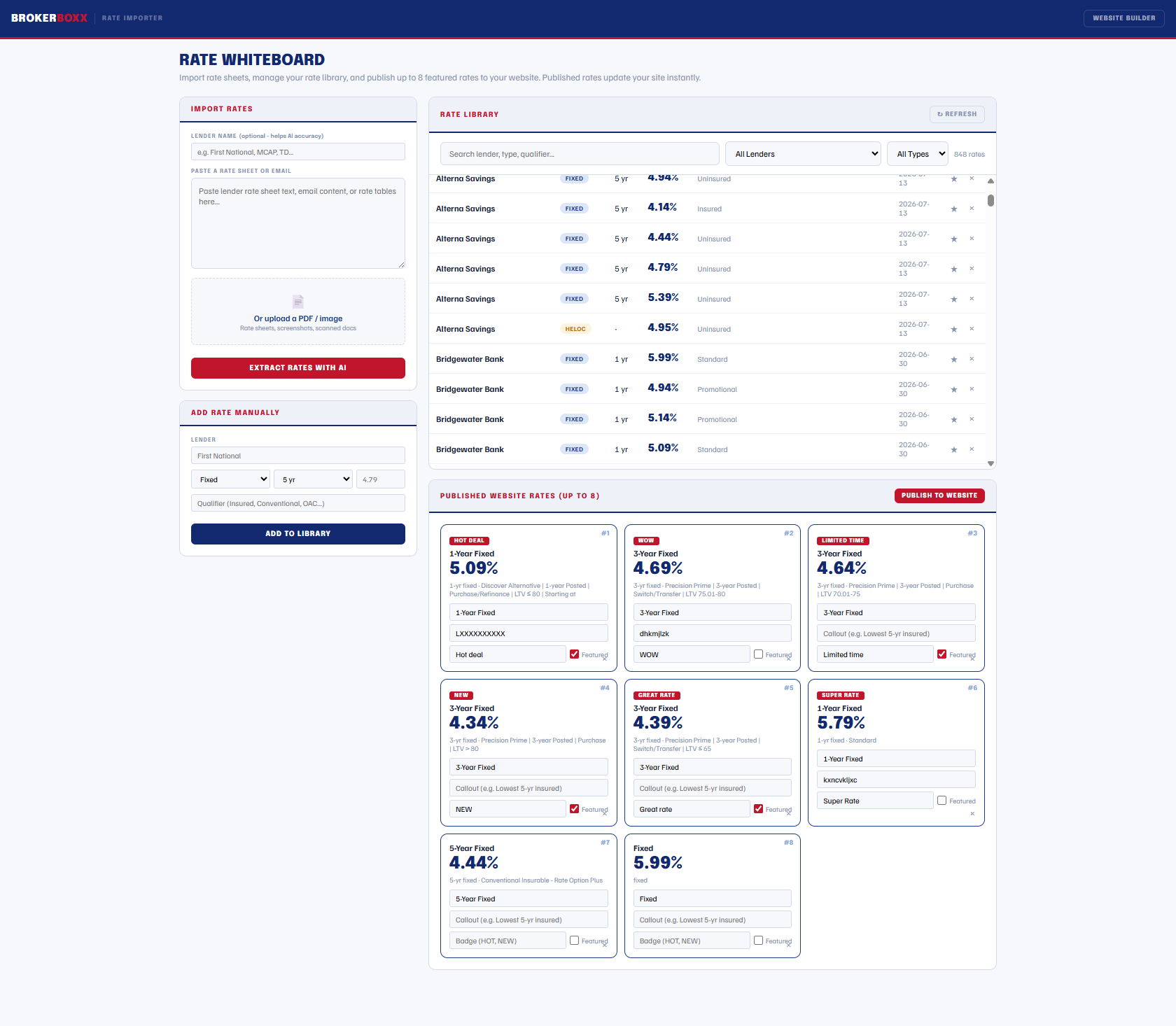 The Rate Whiteboard importing lender rate sheets with AI and publishing up to eight featured rates to a broker website