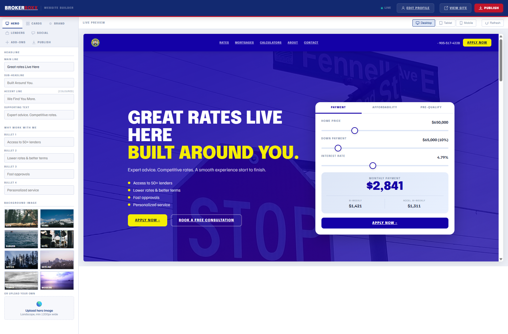 The BrokerBoxx website builder editing a live broker site with hero headline, calculator, and apply buttons